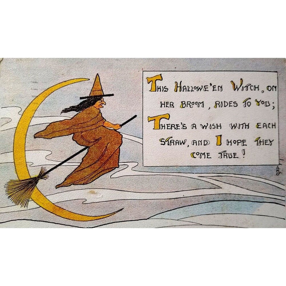 Halloween Postcard Witch On Broom Crescent Moon Signed AMC Series 1006 S &W 1920